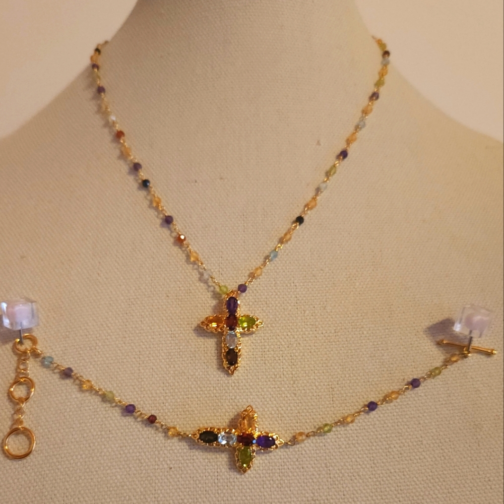 Multi Gemstone Cross Necklace 20 Inches in 18K YG 26.30 ctw/Bracelet 6.65 Ctw.